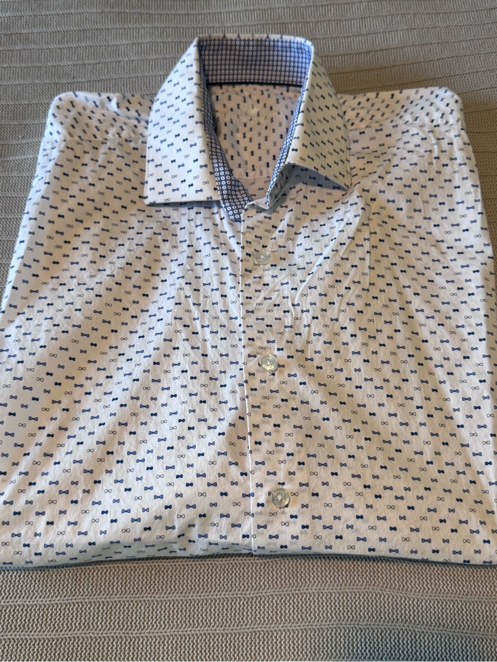 Men's White Dress Shirt with Navy Micro Bow Pattern